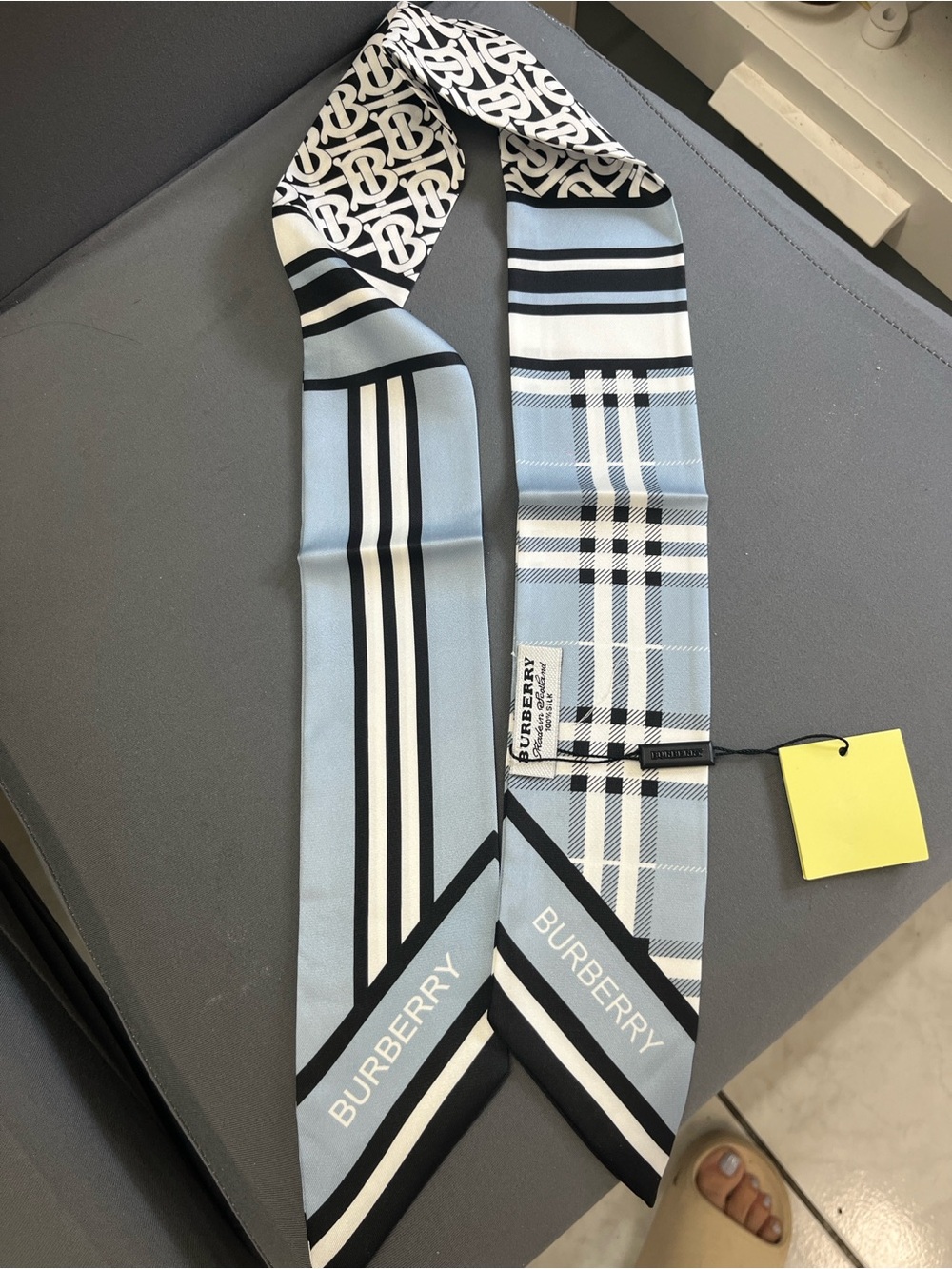 Burberry Pale Blue, Black & White Silk Skinny Scarf